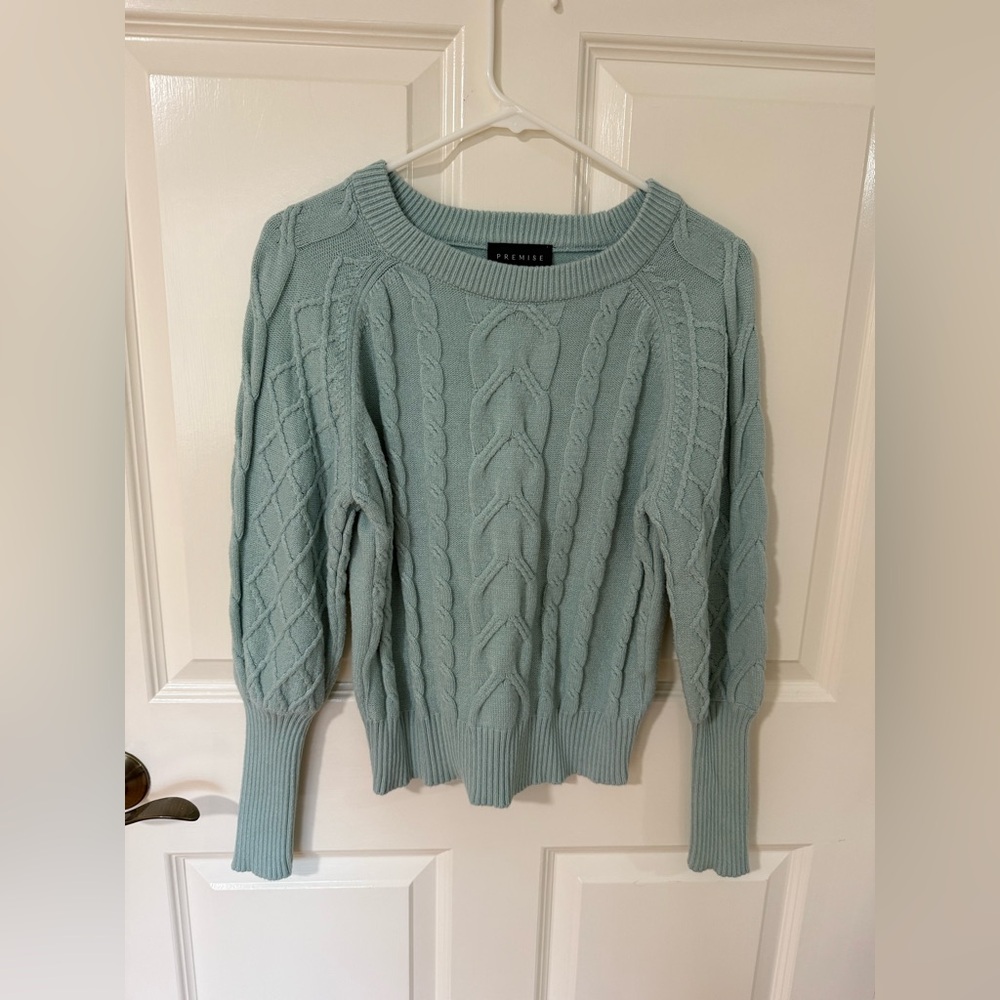 Premise Women's Cable Knit Sweater - Soft Light Green/Blue Color, Size XS